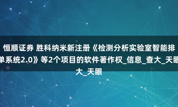 恒顺证券 胜科纳米新注册《检测分析实验室智能排单系统2.0》等2个项目的软件著作权_信息_查大_天眼